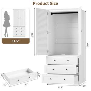 Armoire moderne blanche à 2 portes à persiennes, 3 tiroirs, autoportante, en bois, pour chambre à coucher, rangement de vêtements RTA - Product Image 3