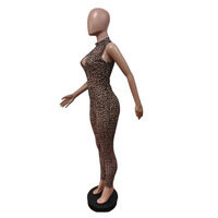 Combinaison sexy en maille imprimé léopard sans manches, transparente, à col montant et découpe en goutte d'eau, pour femme