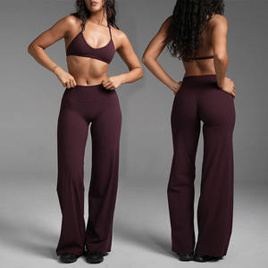 Lot de 2 pièces de vêtements de sport et de yoga à col halter en V profond, pantalon évasé taille haute, séchage rapide - Product Image 1