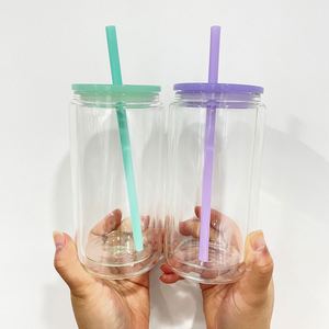 Gobelet en verre en forme de canette de 15 oz à double paroi, pré-percé pour sublimation, avec couvercle en plastique et paille, pour globe à neige - Product Image 3
