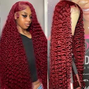 99J Burgunderrote 100% Echthaar-Perücken 30-40 Zoll Deep Wave 13x4 Lace Front Perücke 13x6 Rot Lockig für Lace Frontal Perücken HD Wasser-Kinky - Product Image 2