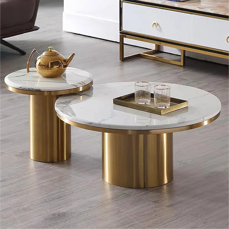 Tavolino da caffè rotondo dal design moderno industriale all'ingrosso set 2 tavolino da salotto in acciaio inossidabile dorato con piano in marmo di lusso