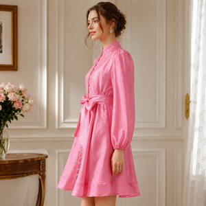 Vietnam Women's Vintage Lace Natural Waist Digital Printed Standing Collar Heavy Diamante Maxi Lantern Sleeve <b>Dresses</b> - Product Image 3