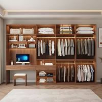 Armoire en bois de noyer avec bureau intégré, étagères ouvertes LED, tiroirs, montage facile, taille personnalisée, système de placard de chambre du sol au plafond