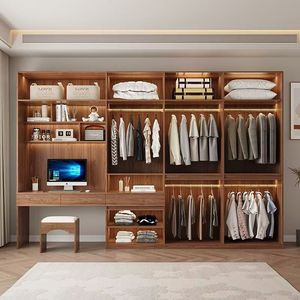 Armoire en bois de noyer avec bureau intégré, étagères ouvertes LED, tiroirs, montage facile, taille personnalisée, système de <span class=keywords><strong>placard</strong></span> de chambre du sol au plafond - Product Image 1