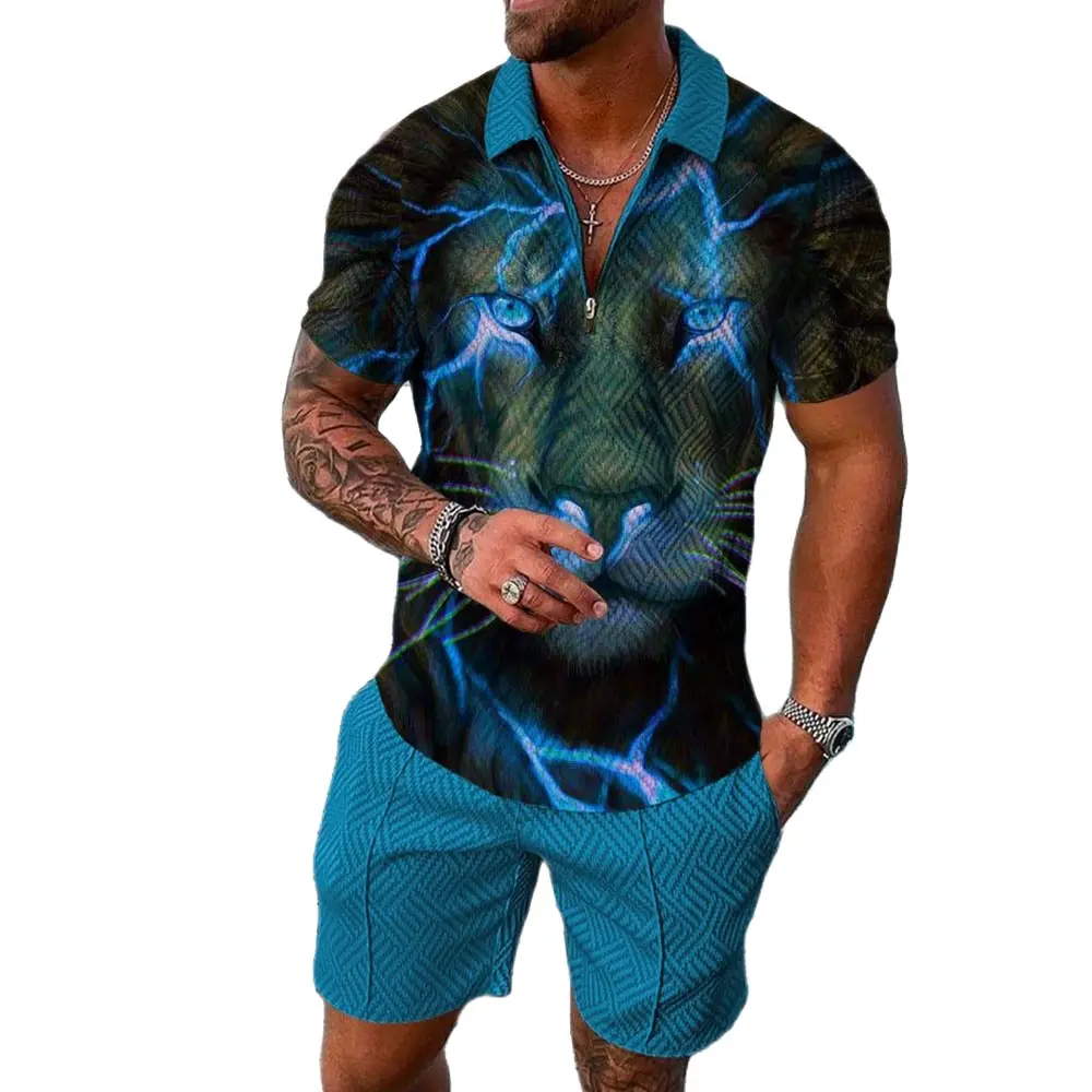 Usine en gros hommes POLO chemise ensemble 3D impression numérique revers T-Shirt ensemble à manches courtes haut plage pantalon ensemble