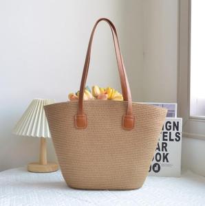Sac cabas en paille avec poignée zippée amovible, rayé beige et bleu marine, doux, léger, forme carrée, décontracté, idéal pour l'été, la plage et l'usage quotidien - Product Image 6