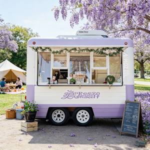 รถขายอาหารเคลื่อนที่ไฟเบอร์กลาสสะดุดตา โครงสแตนเลส พร้อมเครื่องทำความร้อนในตัว ขนาดกะทัดรัด ล้อเลื่อนสำหรับขายอาหาร รถขายอาหารขนาดเล็ก เบอร์เกอร์ - Product Image 1