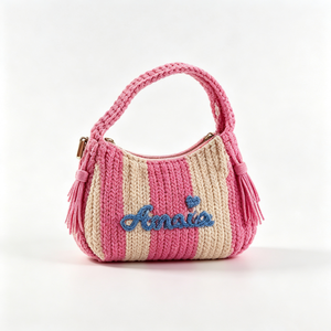 Sac à main tricoté rayé jaune beige personnalisé, petit sac à bandoulière au crochet, sac à main tricoté avec broderie lettre cœur - Product Image 2