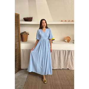Robe longue en mousseline bleu ciel pour bébé, col rond, coupe trapèze, taille naturelle, respirante, décontractée, pour usage quotidien, en tissu tissé, vente en gros - Product Image 4