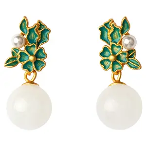 Chinese Style Exquisite Natural HeTian Jade 925 Sterling Silver Earrings Enamel Pearl Vintage Jewelry