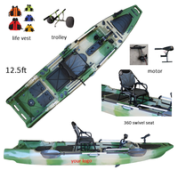 Kayak à pédales individuel de 12,5 pieds en plastique HDPE pour 1 personne, canoë de pêche avec moteur électrique de pêche à la traîne, bateau de pêche à hélice à 1 place