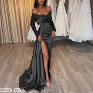 Vestido de noche de un solo hombro con manga larga, lentejuelas, abertura, cintura natural, cremallera frontal y falda amplia. - Product Image 2