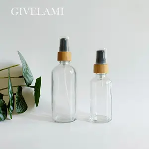 Botellas de bomba de loción sin aire con tapa de bambú, botellas de vidrio cilíndrico de 5ml-120ml, contenedor de suero de embalaje para la piel