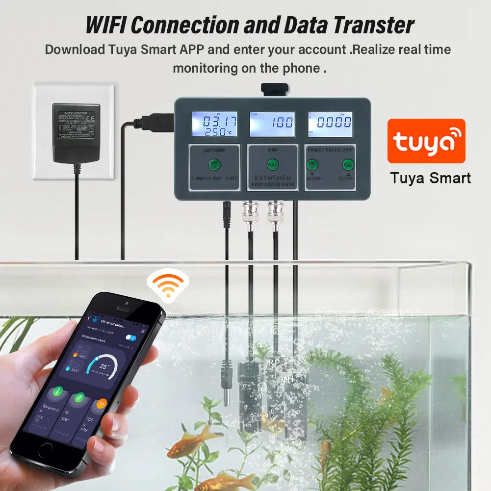Tuya WiFi 8 en 1 numérique PH/TEMP/ORP/PPM/EC/SALT/S.G/CF testeur de qualité de l'eau en ligne testeur de PH testeur d'eau de piscine de laboratoire
