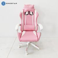 Chaise de gaming ergonomique convertible et extensible, en similicuir PU rose et blanc, pivotante, pour bureau à domicile, avec coussin lombaire, pour femmes et jeunes filles