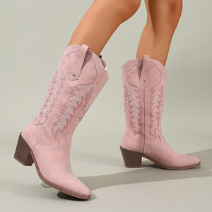 Bottes de cowboy western pour femme, automne, style punk flamboyant, brodées, à bout carré, hauteur genou, talon épais, bottes de chevalier uniques et tendance - Product Image 4