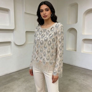 OUDINA Nuova Collezione Boutique: Top Corto con Paillettes e Frange, Collo Tondo, Manica Lunga, Taglia XXL Plus Size per <span class=keywords><strong>Donna</strong></span> - Product Image 4