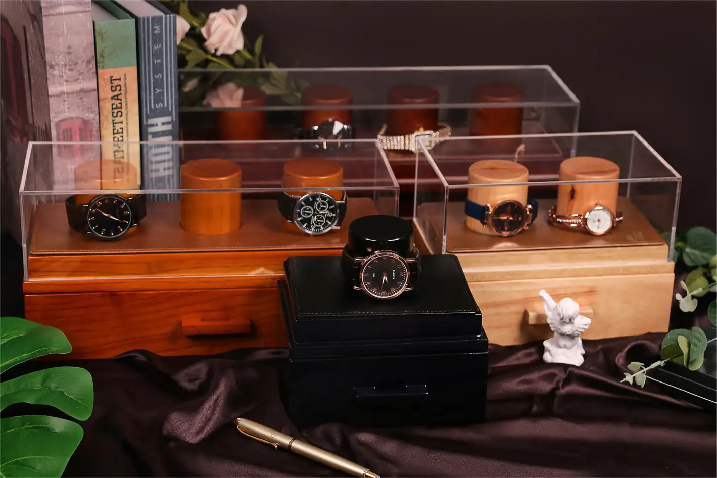 पुरुषों की घड़ी प्रदर्शन कैबिनेट बेलनाकार भंडारण के मामले अद्वितीय घड़ी रैक नई लकड़ी के स्तंभ प्रदर्शन दराज घड़ी boxs