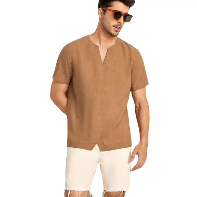 Camisa masculina de verão, camiseta meia manga com decote em v solto, de algodão, de flax, casual