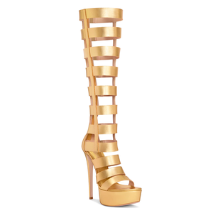 Bottes gladiateur à talons aiguilles et plateforme pour femme, hauteur genou, style cage, sandales romaines à multiples sangles, vente en gros, OEM, personnalisées - Product Image 6