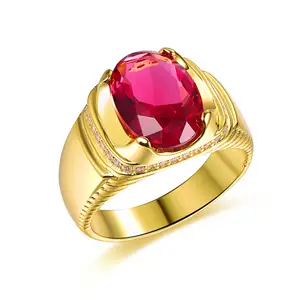 Perhiasan berlapis emas perak 925 sederhana mode grosir cincin batu kaca merah elips untuk pernikahan