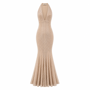 Robe longue sirène Anjie OEM ODM pour femme, couleur champagne, à paillettes, col halter, coupe sirène, personnalisable, marque privée, décolleté plongeant en V, style godet, queue de poisson - Product Image 1