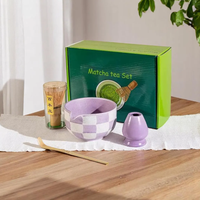 Ensemble de thé matcha en céramique japonaise à carreaux personnalisé en gros, ensemble de fouet à matcha pour cérémonie, ensemble de bol à matcha en céramique