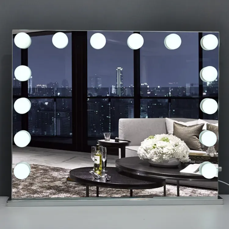 Hotel Frameless Private Label Bulbs Large Desktop Silver Hollywood Vanity Lighted Mirror With Led Light