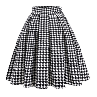 Jupe plissée mi-longue taille haute pour femme, motif pied-de-poule, style vintage rétro évasé, noir et blanc