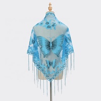 Écharpe triangulaire en dentelle transparente multicolore à motif papillon brodé avec franges pour femmes, à prix avantageux