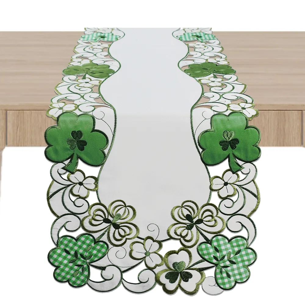 OWENIE St. Patrick's Day 100% Polyester Emerald Green Clover Embroidered Fabric Table Runner Set