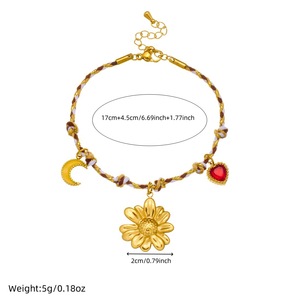 Fashion Charm Bracelet Zinc Alloy Gold Plated Flower Star Moon Bezel Setting Bohemian Style DIY Knotted Rope Jewelry Gift - Product Image 4