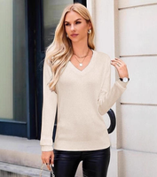 Pull en maille col V personnalisé pour femme, manches longues, couleur unie, bordure côtelée, décontracté, pour le bureau, vente en gros