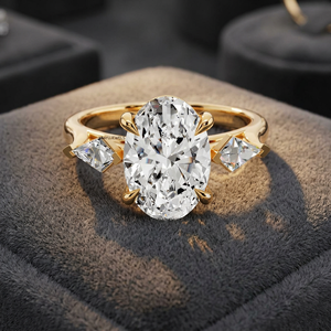 Anillo de compromiso de tres piedras con diamante ovalado cultivado en laboratorio con certificado IGI y diamantes laterales de corte cometa en oro de 10K, 14K, 18K y plata 925, 935 - Product Image 1