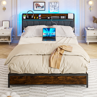 Cadre de lit plateforme rembourré sur mesure avec tête de lit en velours, étagère LED et pied de lit en bois pour chambre à coucher
