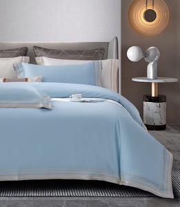 Parures de lit 100 % coton, tailles <span class=keywords><strong>Queen</strong></span> et King, bleu uni avec motif imprimé, style simple, drap plat - Product Image 2