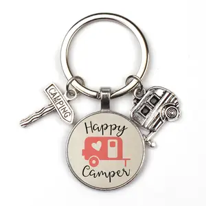 Rantai kunci pasangan, gantungan kunci berkemah Retro Camper gantungan kunci Happy RV hadiah untuk pria wanita remaja Camper Lover Travel Trailer