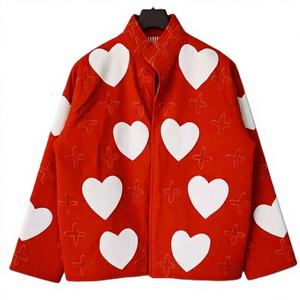 Chaqueta Reversible de Terciopelo Tejido con Diseño de Corazón Beige Suzani para Invierno y Otoño |   Abrigo Bordado a Mano 100% Algodón con Cuello Alto de 500g - Product Image 1