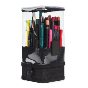 New Design Free Standing Clear PVC Pencil Make up Cosmetic Bag Makeup Brush Organizer Bag with Dividers and Clear Cover