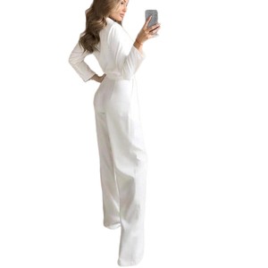 Mono de satén para mujer, manga larga, cuello en V, pierna ancha, cintura midi, elegante, para uso diario, en colores blanco roto, negro, rojo vino, verde oscuro, y color té con leche. - Product Image 4