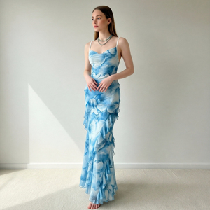 <span class=keywords><strong>Vestido</strong></span> Maxi <span class=keywords><strong>de</strong></span> Gasa con Volantes Florales Personalizado para Mujer, Vestidos <span class=keywords><strong>de</strong></span> Fiesta <span class=keywords><strong>de</strong></span> Noche para Damas - Product Image 1