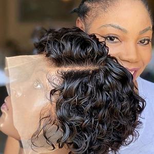 Perruques et tissages de cheveux humains 100% naturels brésiliens bruts, pré-épilés, avec frontal en dentelle <span class=keywords><strong>13x1</strong></span>, coupe pixie courte bouclée, dentelle HD bouclée pour femme noire - Product Image 1
