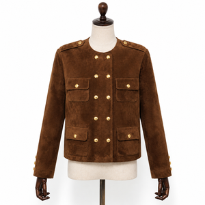 Chaqueta Bluson de Piel de Oveja para Mujer, Color Sólido, Ecológica, Antiarrugas, Auténtica, Marrón, Corta, con Botones Dorados y Bolsillos, de Lujo, para Otoño - Product Image 1