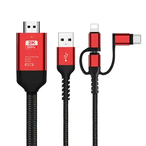 Câble 3-en-1 Type C vers Hd MHL, longueur 2M, USB, pour iPhone, Android, TV, projecteur HDTV