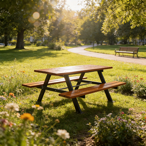 Ensemble table et bancs <span class=keywords><strong>de</strong></span> pique-nique commerciaux d'extérieur, mobilier <span class=keywords><strong>de</strong></span> jardin moderne en bois, table à manger <span class=keywords><strong>de</strong></span> patio avec structure métallique pour parc et café - Product Image 2