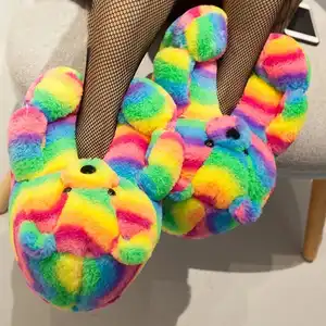 2023 zapatilla de oso de peluche nueva moda barata lindo oso de peluche zapatillas de felpa esponjoso suave cálido zapatos de interior mujeres niños niñas
