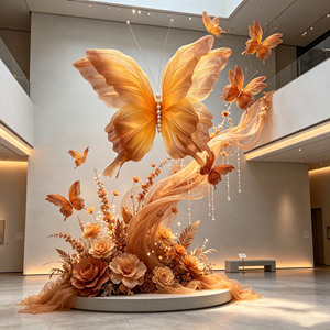 Installation murale G-96 de papillons géants en organza ambre chaud pour vitrine de magasin, décoration de grande ouverture - Product Image 4