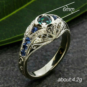 Anillo de compromiso de moda para mujer H217 con gema de zafiro, engaste de bisel, piedra natural redonda y diseño de plantas - Product Image 6