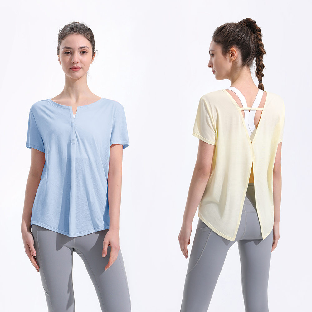 Womens Summer Cool Sensation Breathable Quick Dry Sports Yoga Top T Shirt Back Slit Cover up V Neck Short Sleeve Sweat Absorbent